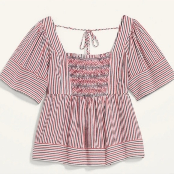 Old Navy Cotton Blend Red White Blue Seersucker Striped Smocked Top Plus Size 4X - Picture 9 of 9